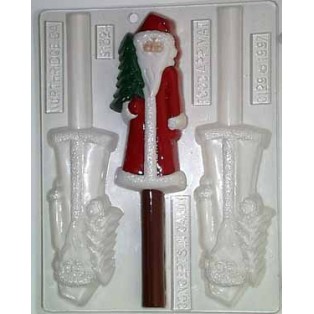 Elongated old-fashioned Santa holding a small Christmas tree